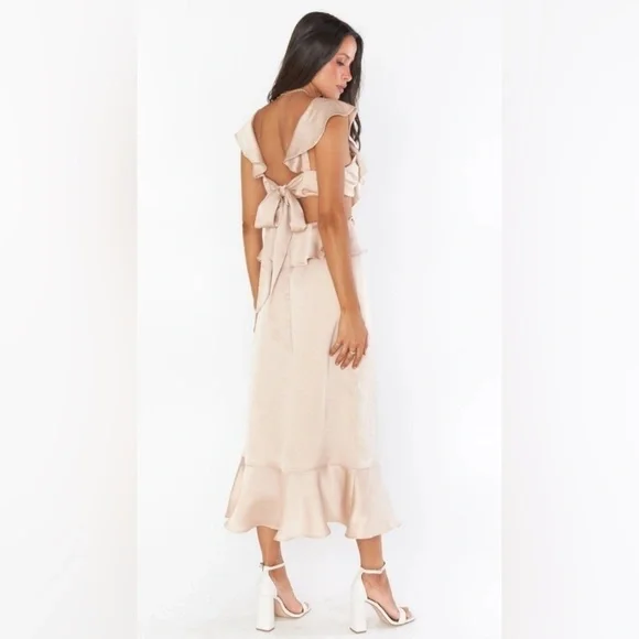 Show Me Your Mumu Zoey Midi Dress Champagne Luxe Satin NWT Size L - Picture 5 of 5